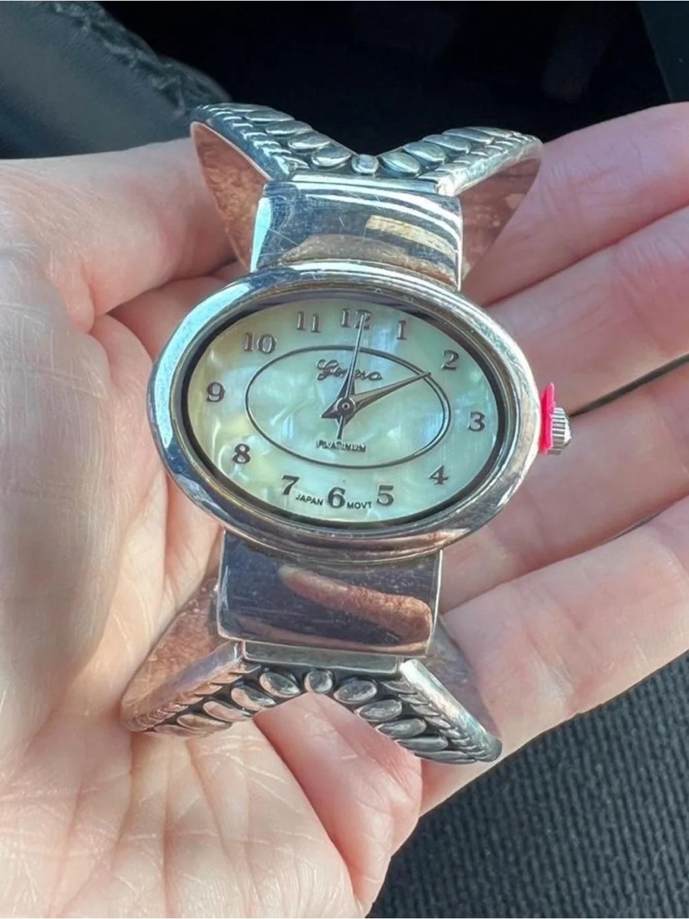 Geneva Silver-Tone Oval y2k Women's Watch with Mother-of-Pearl Dial